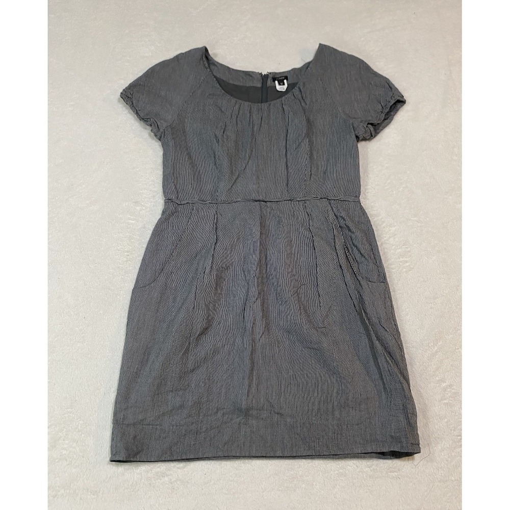 J Crew Women's Striped Cotton Silk Blend Dress Gray Sz 12 Cap Sleeve Scoop Neck